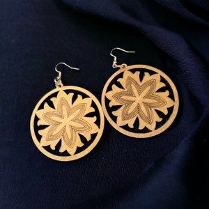 Light Wooden Jumbo Flower Dangle Drop Earrings